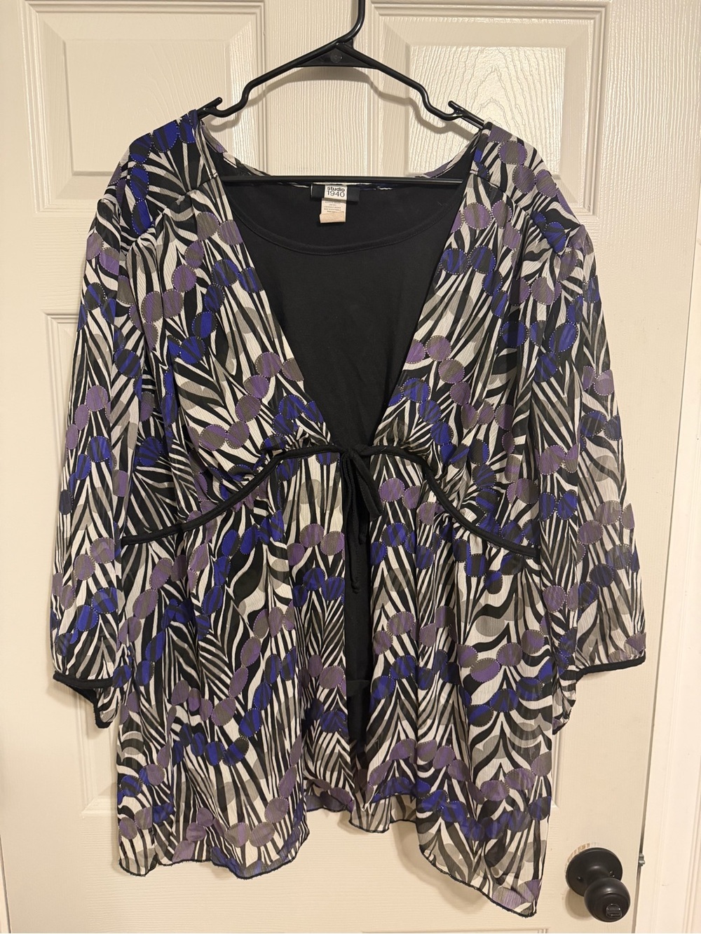 Studio 1940 Black, Purple, Blue Sheer Printed Tie-Front Blouse